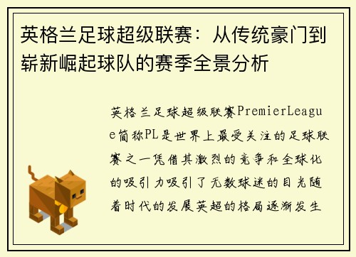 英格兰足球超级联赛：从传统豪门到崭新崛起球队的赛季全景分析