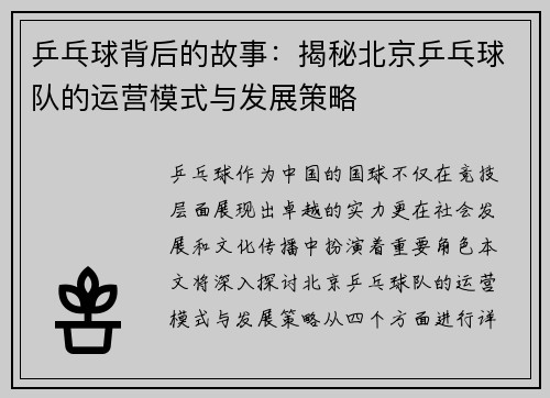 乒乓球背后的故事：揭秘北京乒乓球队的运营模式与发展策略
