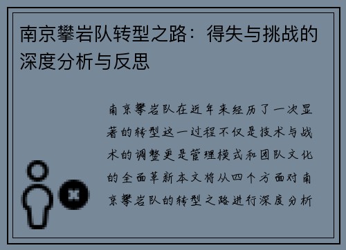 南京攀岩队转型之路：得失与挑战的深度分析与反思