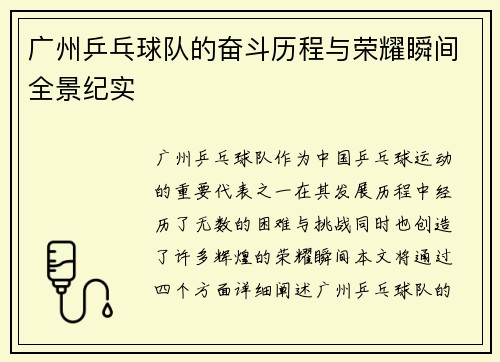 广州乒乓球队的奋斗历程与荣耀瞬间全景纪实